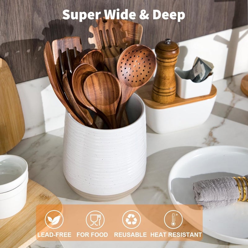 Officepal حامل أدوات المطبخ السيراميكي الكبير 6.8 بوصة - حامل أدوات للمطبخ، تصميم حديث على طراز المزرعة للأدوات، الملاعق، والمقالي (أبيض) - Image 4